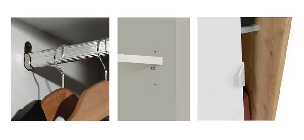 Armoire Waterbury, Armoire de chambre avec 2 portes, Armoire avec 3 Etageres et tringle à vêtements, 120x50h200 cm, Blanc et Chêne