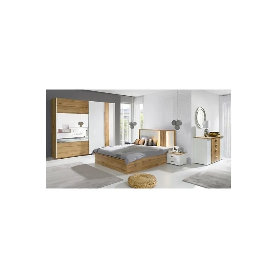 Armoire Wood 2 portes coulissantes avec miroir, coloris chene et blanc