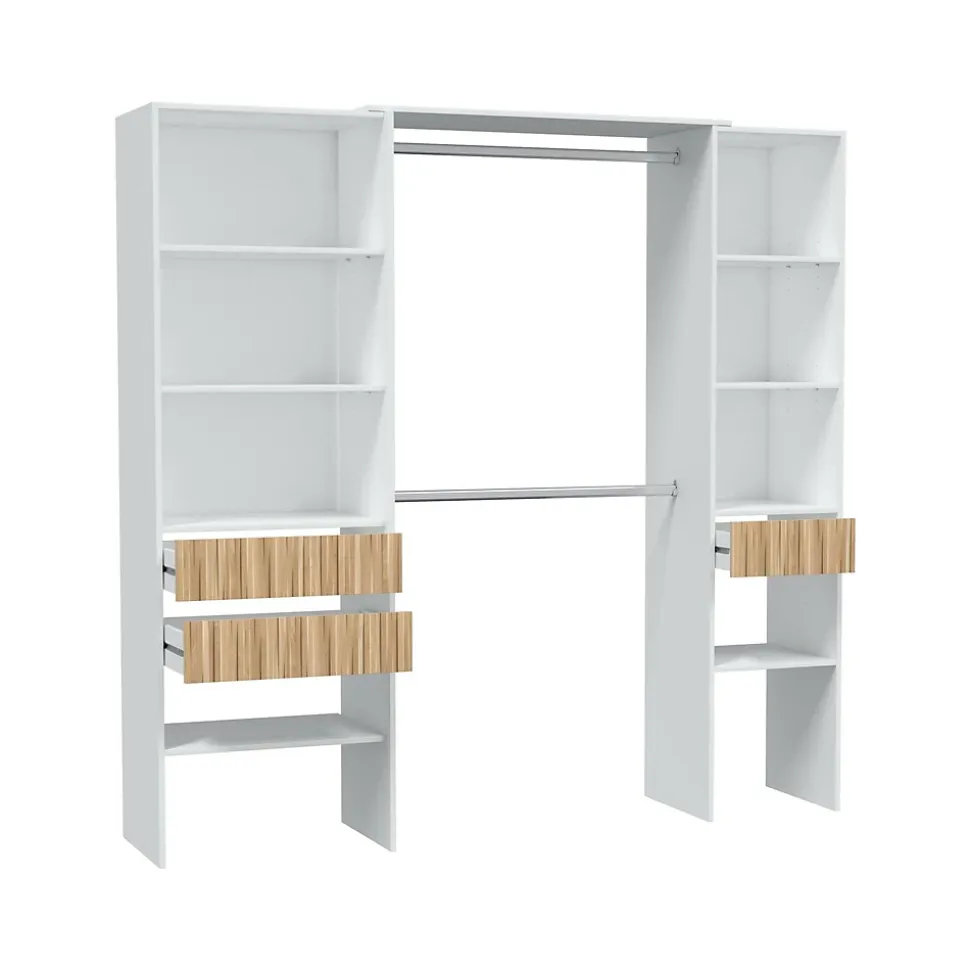 Armoire Worland, Meubles de chambre à coucher, Armoire à vêtements avec Etageres et 3 tiroirs, 196x40h187 cm, Blanc et Chêne