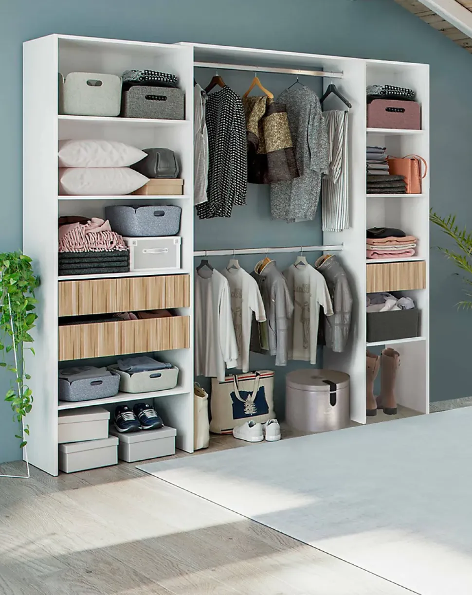 Armoire Worland, Meubles de chambre à coucher, Armoire à vêtements avec Etageres et 3 tiroirs, 196x40h187 cm, Blanc et Chêne