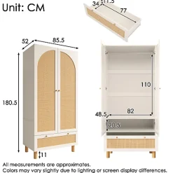 Armoire 85.5x52x180.5cm - Étagères et tringles à vêtements réglables - 2 portes en rotin et 1 tiroir - Blanc + Naturel