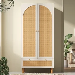 Armoire 85.5x52x180.5cm - Étagères et tringles à vêtements réglables - 2 portes en rotin et 1 tiroir - Blanc + Naturel