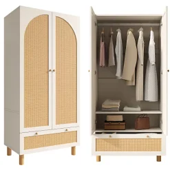 Armoire 85.5x52x180.5cm - Étagères et tringles à vêtements réglables - 2 portes en rotin et 1 tiroir - Blanc + Naturel