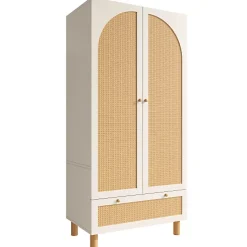 Armoire 85.5x52x180.5cm - Étagères et tringles à vêtements réglables - 2 portes en rotin et 1 tiroir - Blanc + Naturel