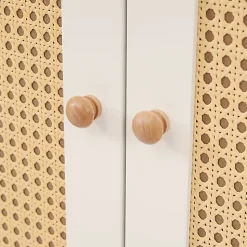 Armoire 85.5x52x180.5cm - Étagères et tringles à vêtements réglables - 2 portes en rotin et 1 tiroir - Blanc + Naturel