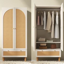 Armoire 85.5x52x180.5cm - Étagères et tringles à vêtements réglables - 2 portes en rotin et 1 tiroir - Blanc + Naturel