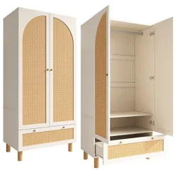 Armoire 85.5x52x180.5cm - Étagères et tringles à vêtements réglables - 2 portes en rotin et 1 tiroir - Blanc + Naturel