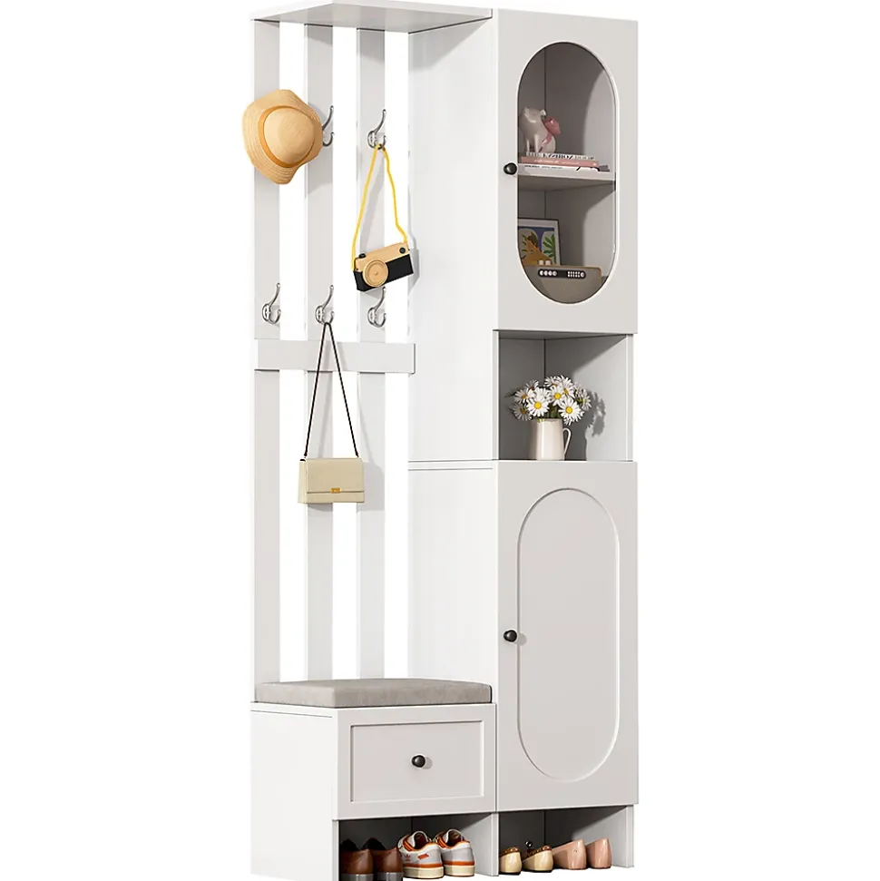 Armoires compactes d'entrée,85x33,5x200cm,blanc, avec 2 armoires, verre trempé, banc à chaussures rembourré
