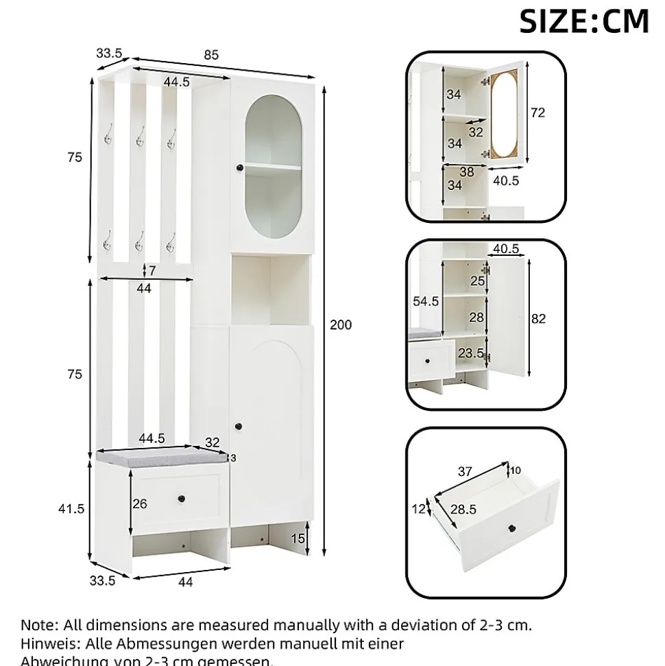 Armoires compactes d'entrée,85x33,5x200cm,blanc, avec 2 armoires, verre trempé, banc à chaussures rembourré
