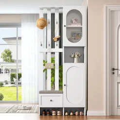 Armoires compactes d'entrée,85x33,5x200cm,blanc, avec 2 armoires, verre trempé, banc à chaussures rembourré