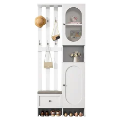 Armoires compactes d'entrée,85x33,5x200cm,blanc, avec 2 armoires, verre trempé, banc à chaussures rembourré