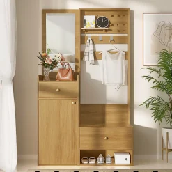 Armoires d'entrée Moderne en Bois Naturel, avec Crochets Réglables et Étagères Spacieuses, Banc à Chaussures Intégré