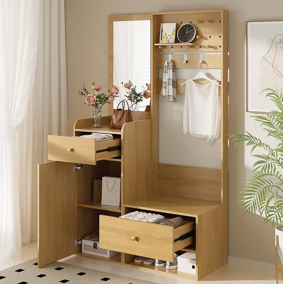 Armoires d'entrée Moderne en Bois Naturel, avec Crochets Réglables et Étagères Spacieuses, Banc à Chaussures Intégré