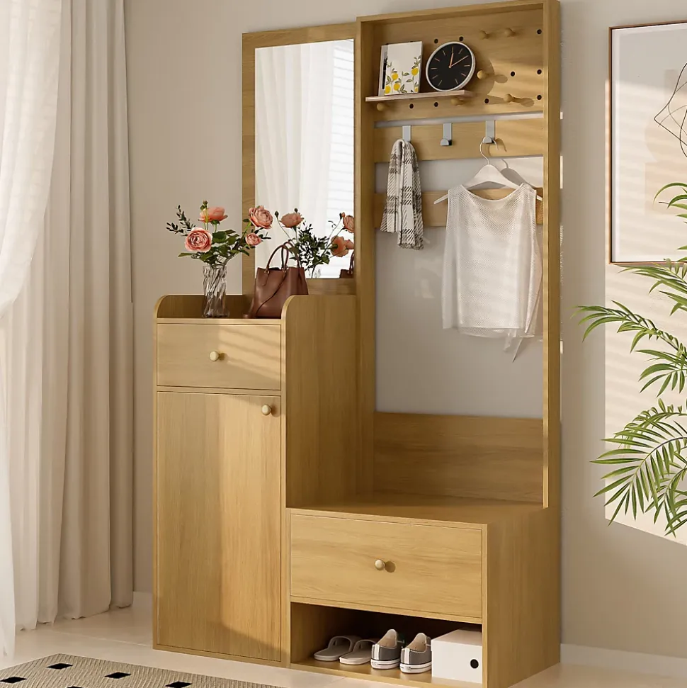 Armoires d'entrée Moderne en Bois Naturel, avec Crochets Réglables et Étagères Spacieuses, Banc à Chaussures Intégré
