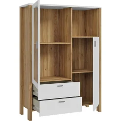 Armoirette vitrée H. 152 cm avec décor gris clair et chêne - DEVONNE