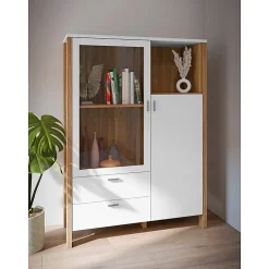 Armoirette vitrée H. 152 cm avec décor gris clair et chêne - DEVONNE
