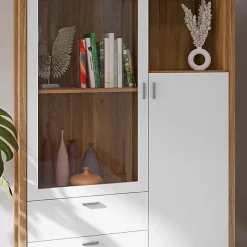 Armoirette vitrée H. 152 cm avec décor gris clair et chêne - DEVONNE