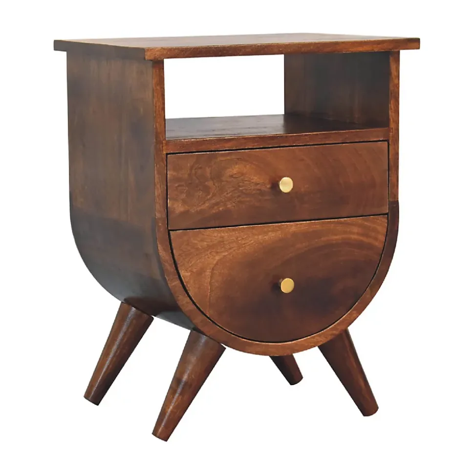 Artisan Furniture Bois massif Split châtaignier table de chevet, 2 tiroirs, 1 étagère, marron foncé