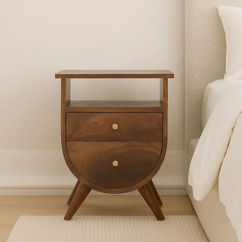 Artisan Furniture Bois massif Split châtaignier table de chevet, 2 tiroirs, 1 étagère, marron foncé