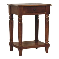 Artisan Furniture Bois massif pieds tournés châtaignier 1 tiroir table d'appoint, 1 étagère, marron