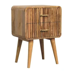 Artisan Furniture Bois massif T-bar Ridged table de chevet, 2 tiroirs, pieds nordiques, effet chêne, marron