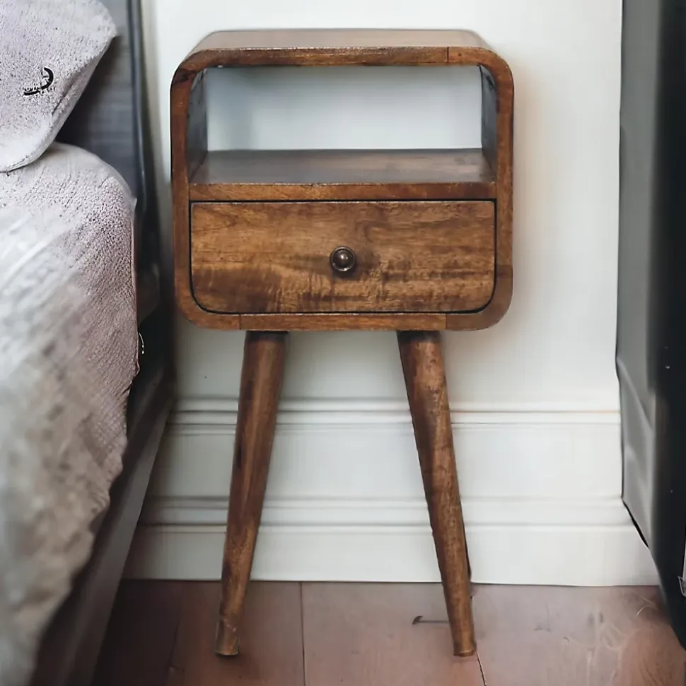 Artisan Furniture Bois massif Mini gris délavé Curve ouvert table de chevet, 1 tiroir, 1 niche ouverte, marron