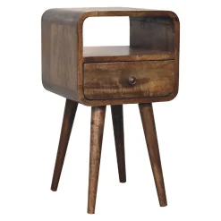 Artisan Furniture Bois massif Mini gris délavé Curve ouvert table de chevet, 1 tiroir, 1 niche ouverte, marron