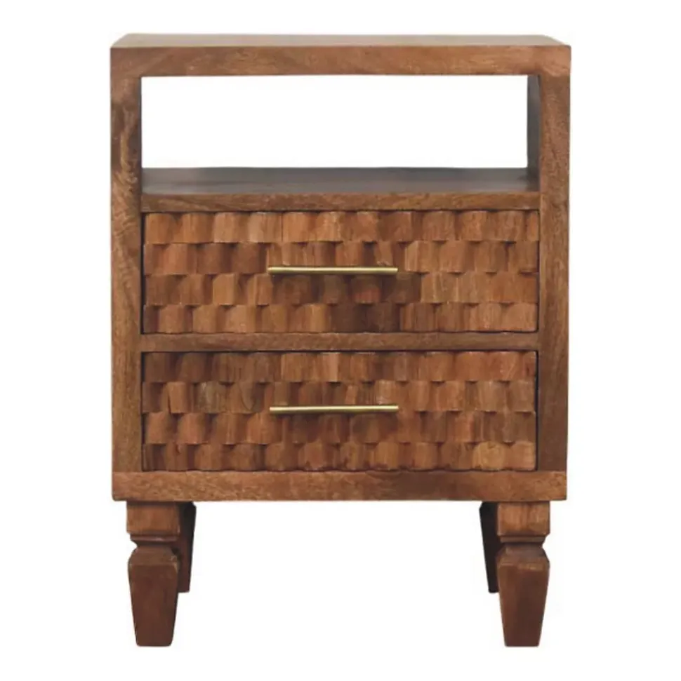 Artisan Furniture Bois massif Arno table de chevet in teck doré, 2 tiroirs, 1 niche ouverte, beige