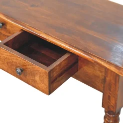 Artisan Furniture Bois massif pieds tournés 3 tiroir châtaignier Console, 3 tiroirs, marron foncé
