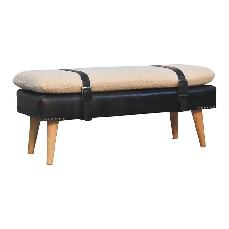 Artisan Furniture Bois massif bouclé peau de buffle noir cuir banc, rembourré, noir & crème