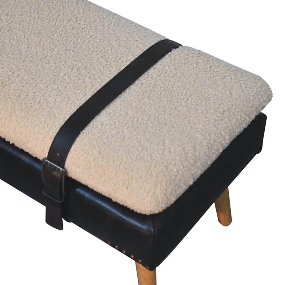 Artisan Furniture Bois massif bouclé peau de buffle noir cuir banc, rembourré, noir & crème