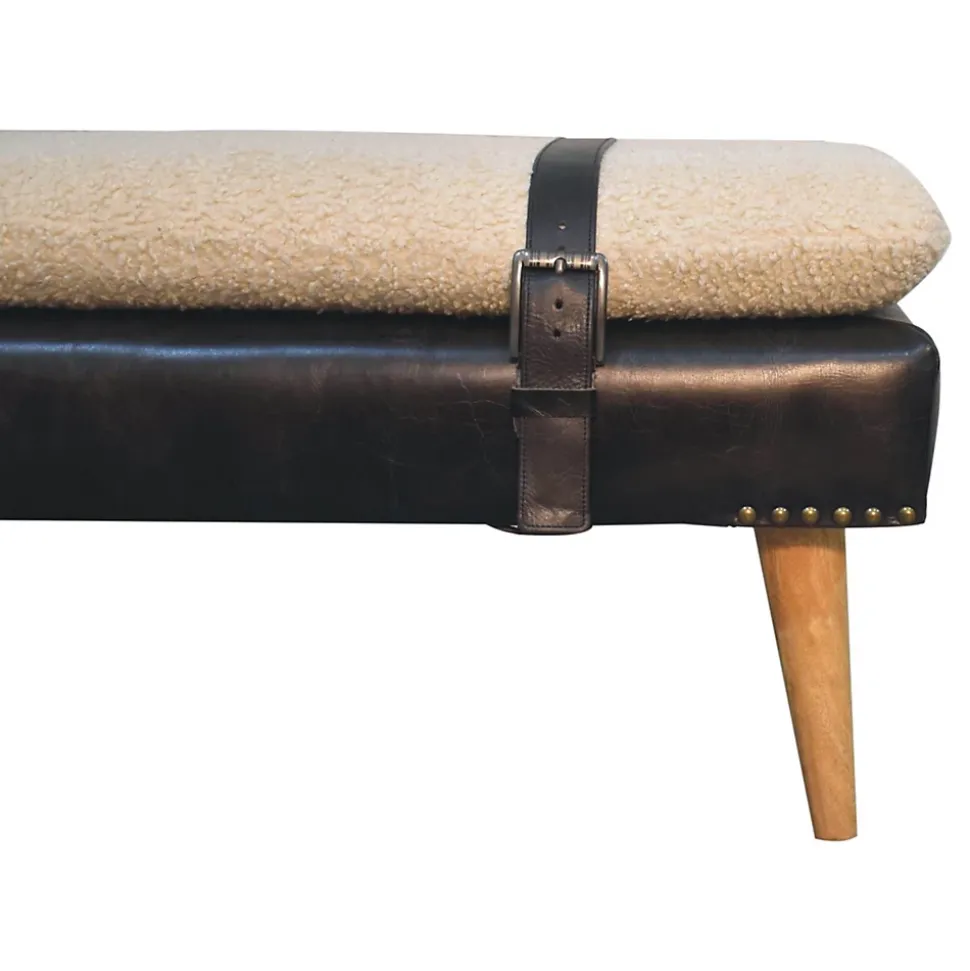 Artisan Furniture Bois massif bouclé peau de buffle noir cuir banc, rembourré, noir & crème