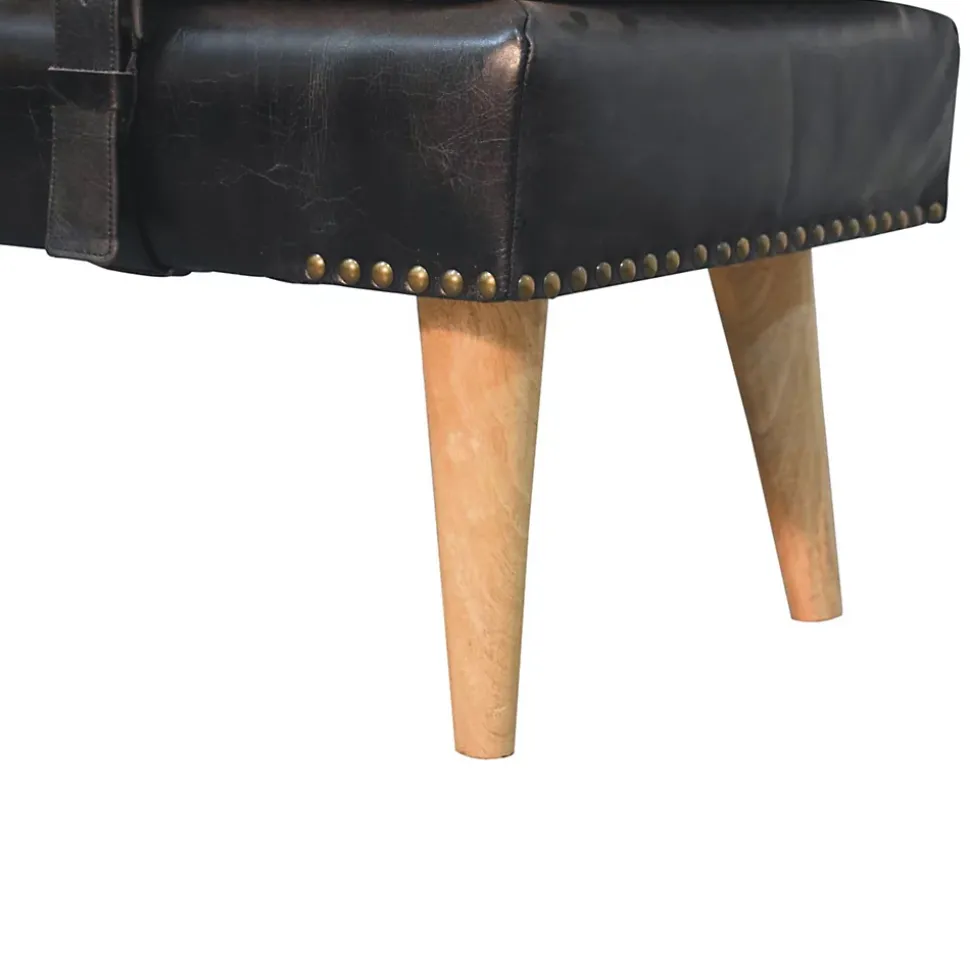 Artisan Furniture Bois massif bouclé peau de buffle noir cuir banc, rembourré, noir & crème