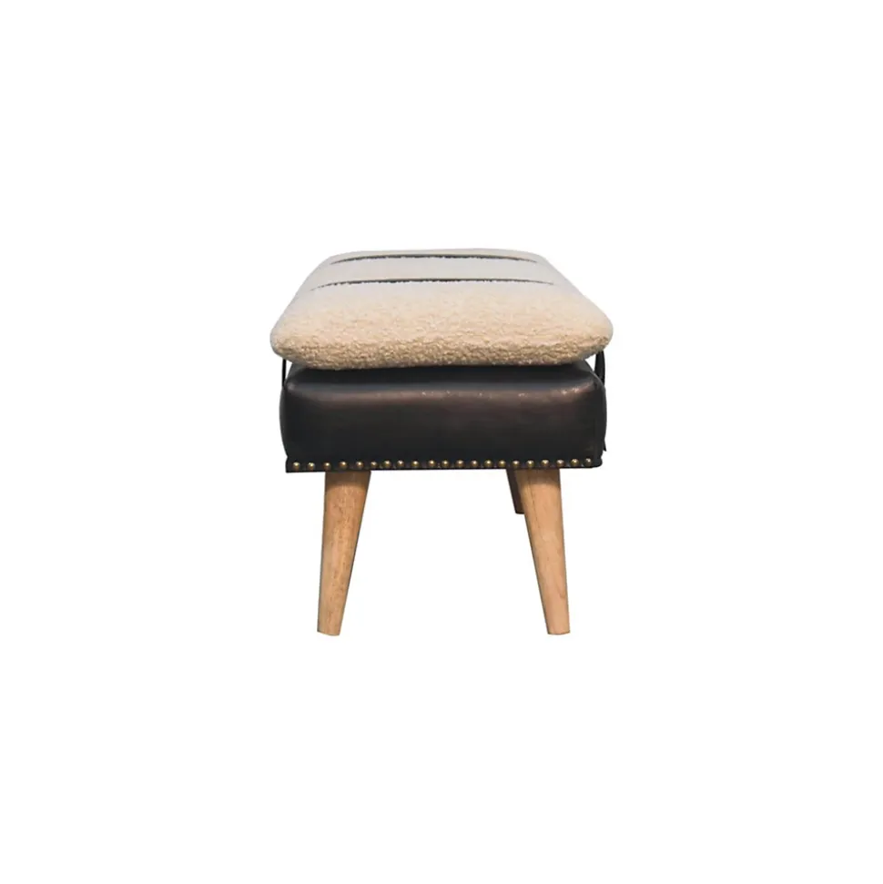 Artisan Furniture Bois massif bouclé peau de buffle noir cuir banc, rembourré, noir & crème