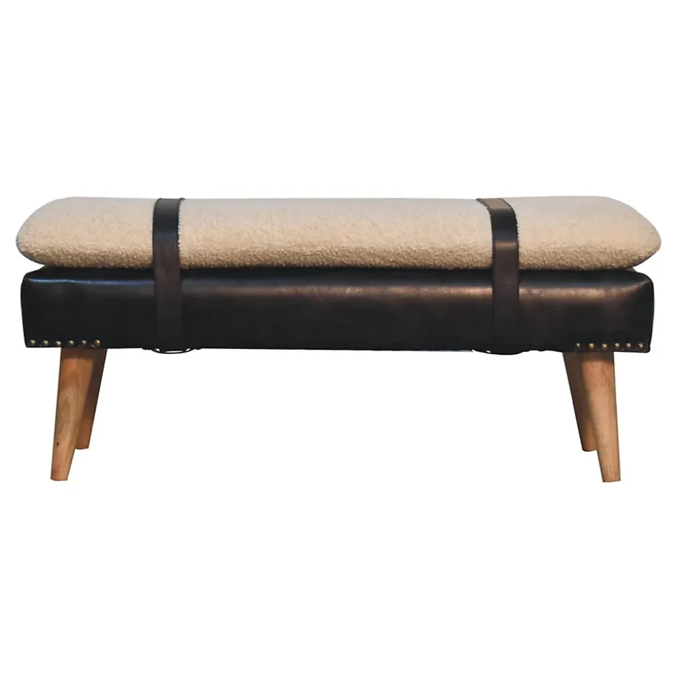 Artisan Furniture Bois massif bouclé peau de buffle noir cuir banc, rembourré, noir & crème