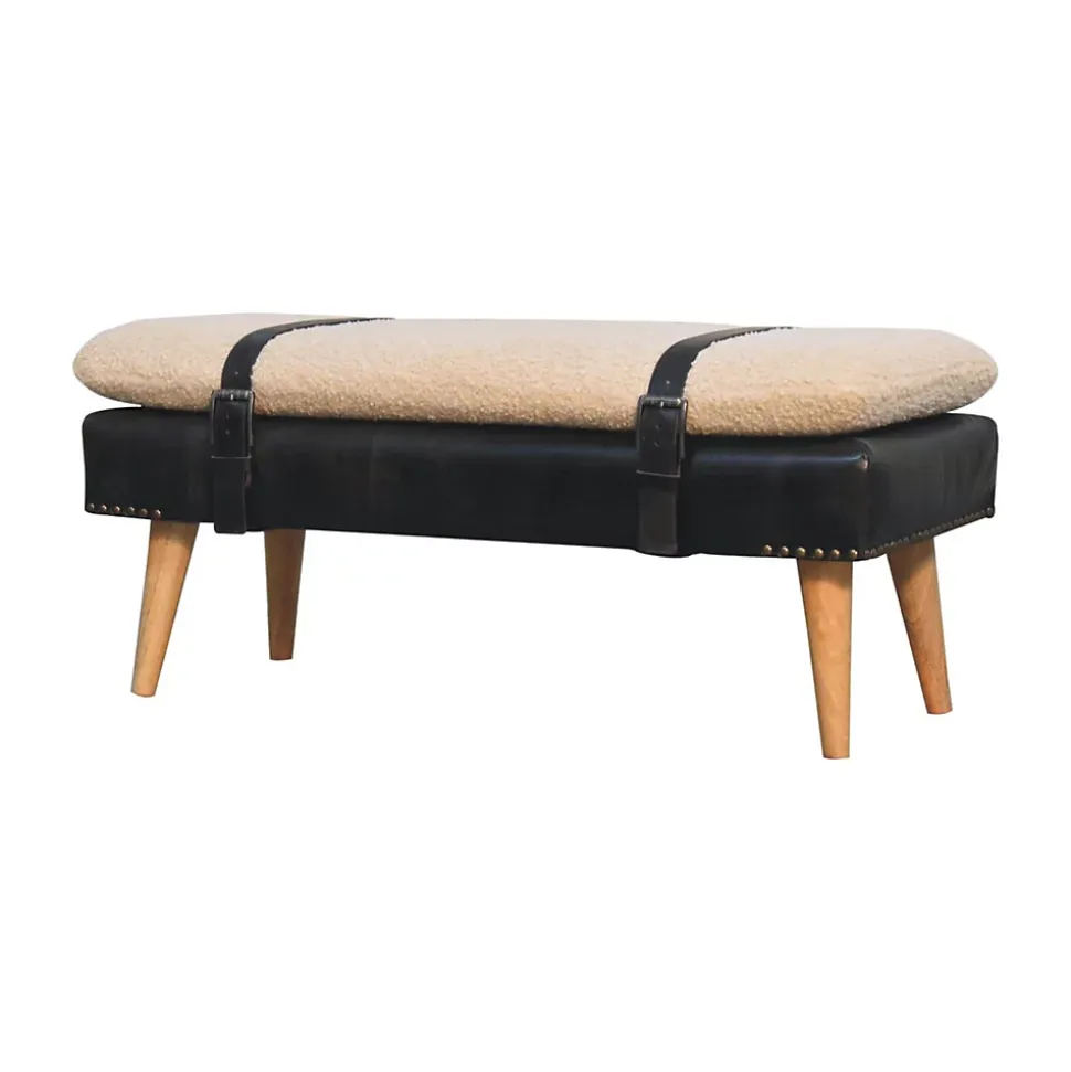 Artisan Furniture Bois massif bouclé peau de buffle noir cuir banc, rembourré, noir & crème