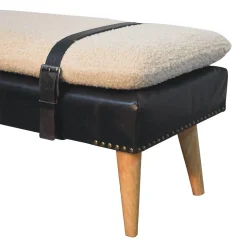 Artisan Furniture Bois massif bouclé peau de buffle noir cuir banc, rembourré, noir & crème