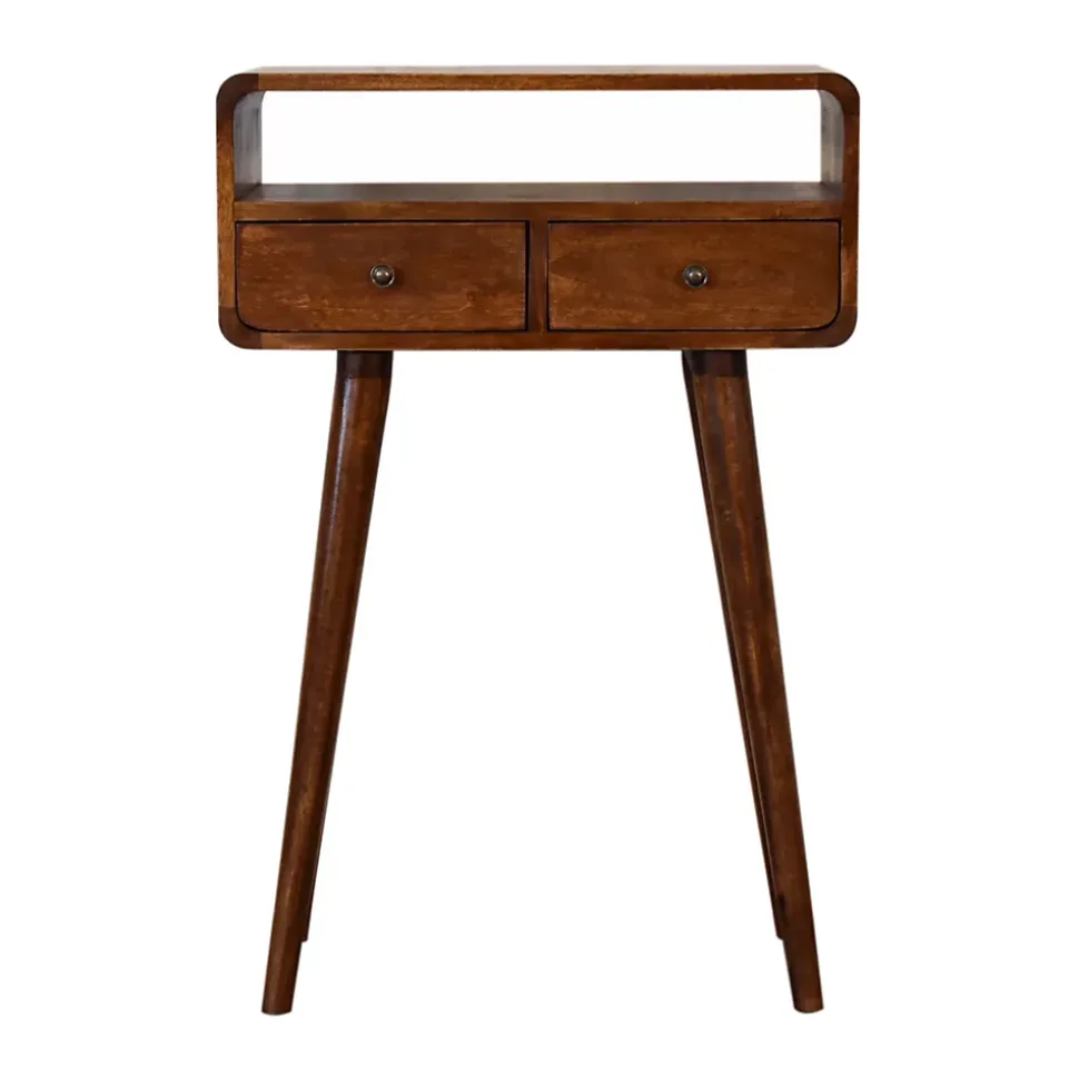 Artisan Furniture Bois massif Mini châtaignier console, 2 tiroirs et niche ouverte, marron foncé