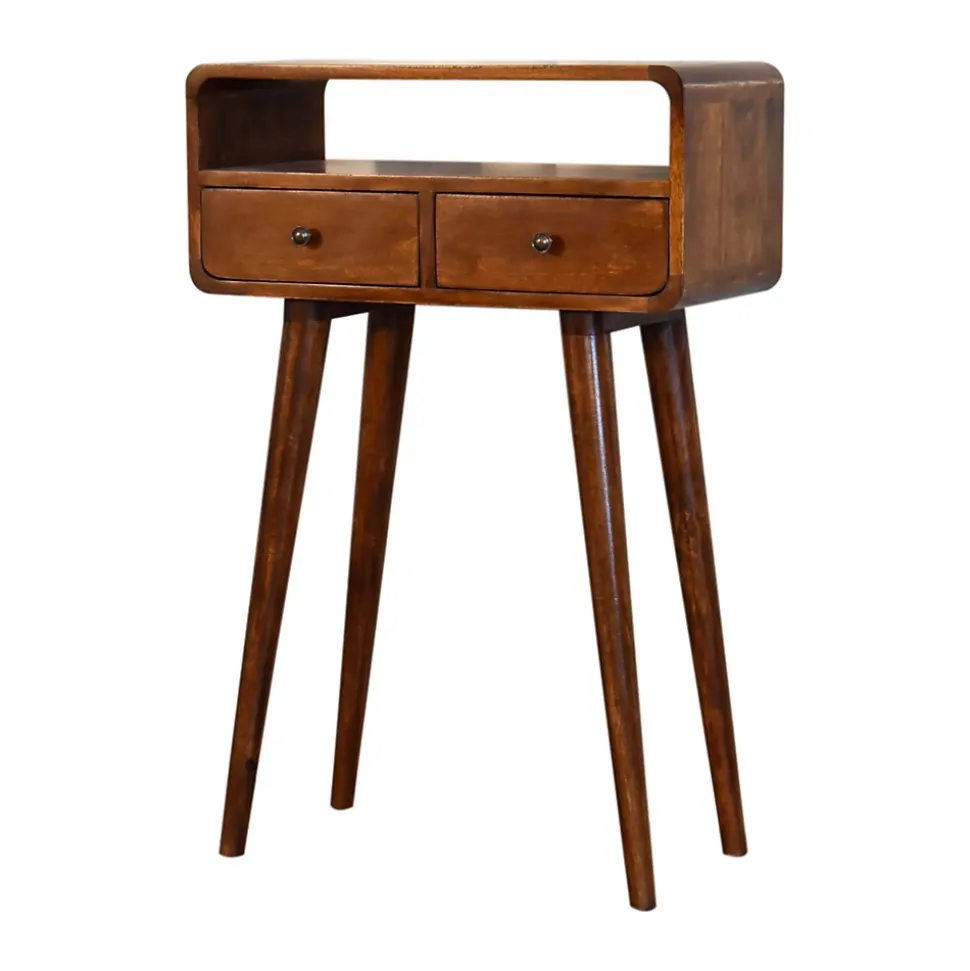 Artisan Furniture Bois massif Mini châtaignier console, 2 tiroirs et niche ouverte, marron foncé