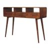 Artisan Furniture Bois massif Triple courbé châtaignier console, 3 tiroirs, 3 étagères, marron