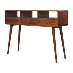 Artisan Furniture Bois massif Triple courbé châtaignier console, 3 tiroirs, 3 étagères, marron