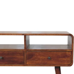 Artisan Furniture Bois massif Triple courbé châtaignier console, 3 tiroirs, 3 étagères, marron