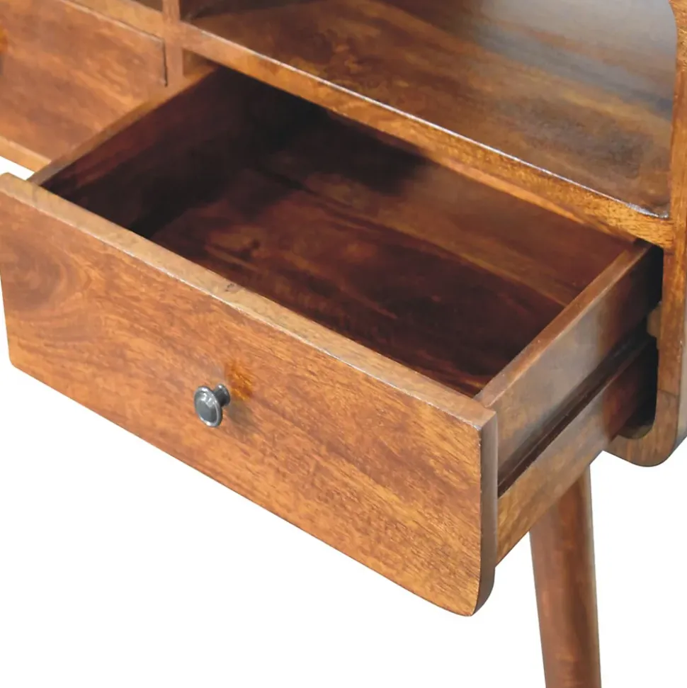 Artisan Furniture Bois massif Triple courbé châtaignier console, 3 tiroirs, 3 étagères, marron
