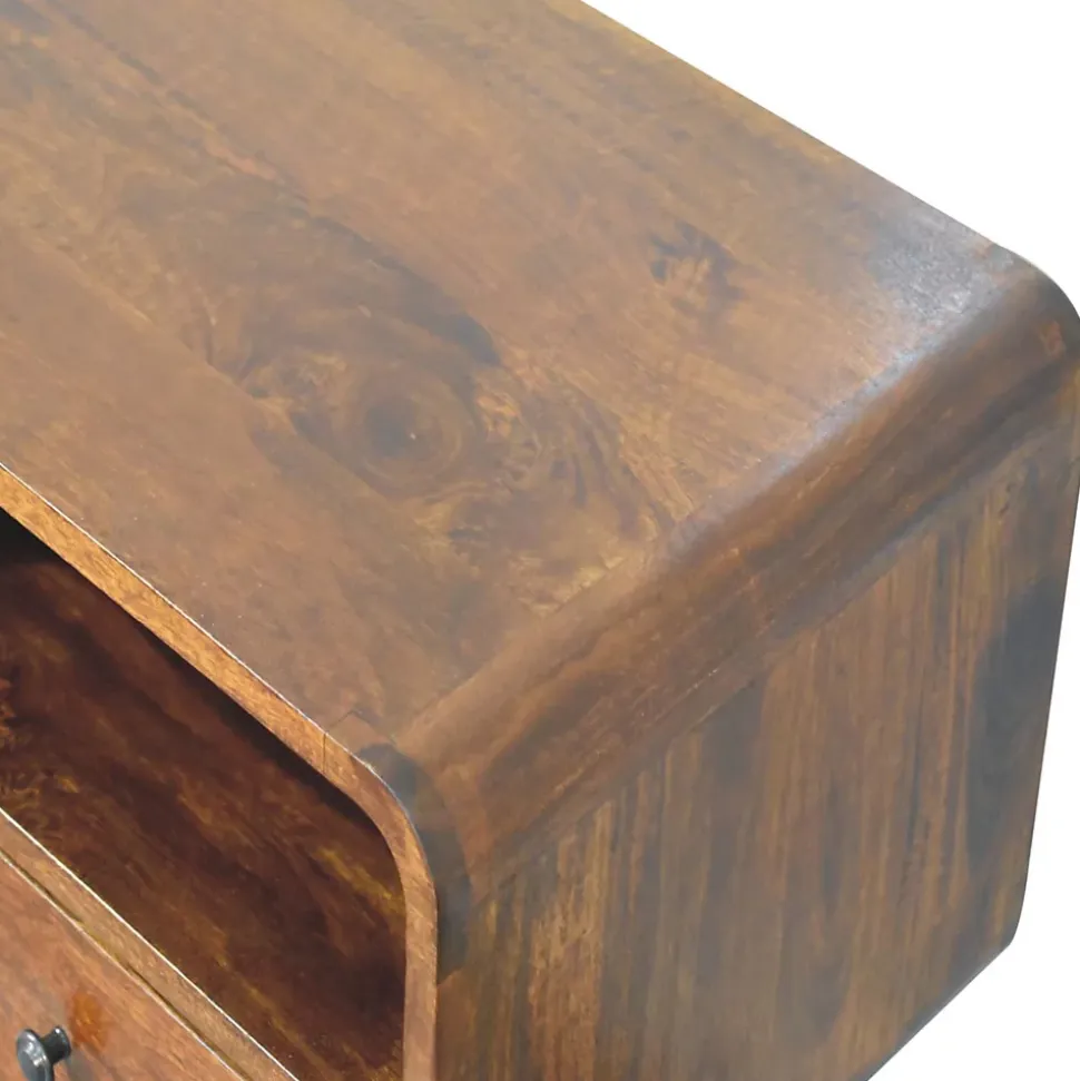 Artisan Furniture Bois massif Triple courbé châtaignier console, 3 tiroirs, 3 étagères, marron