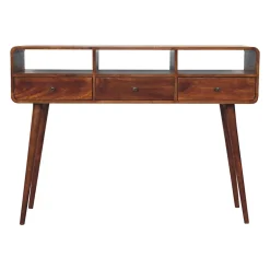 Artisan Furniture Bois massif Triple courbé châtaignier console, 3 tiroirs, 3 étagères, marron