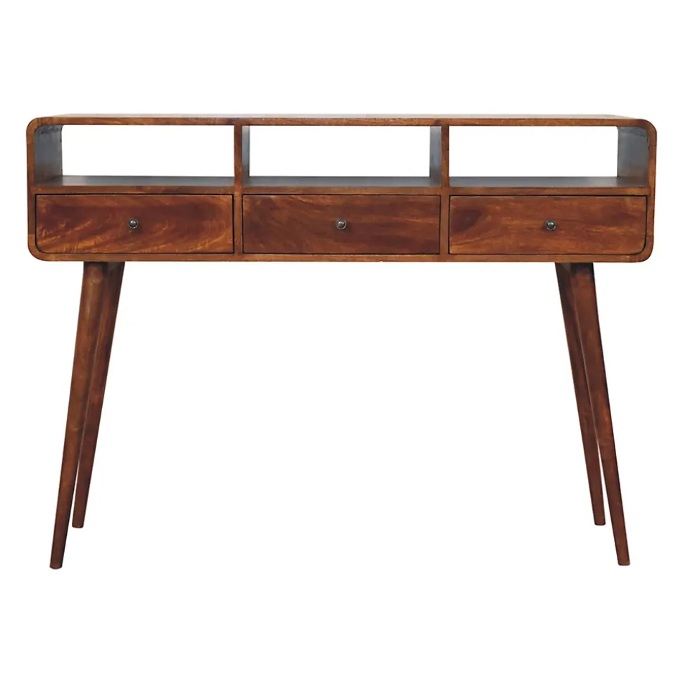 Artisan Furniture Bois massif Triple courbé châtaignier console, 3 tiroirs, 3 étagères, marron