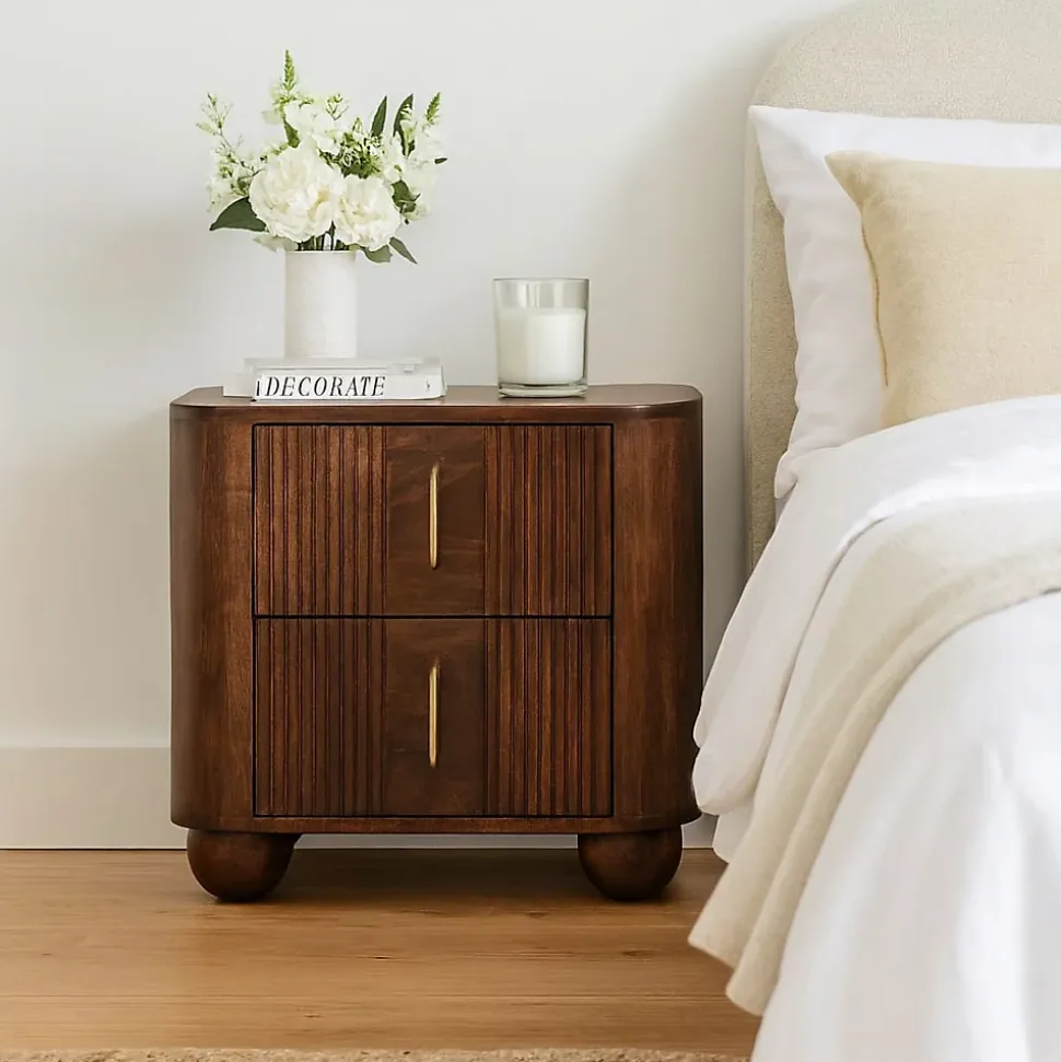 Artisan Furniture Bois massif Marlowe cannelé table de chevet, 2 tiroirs, marron foncé