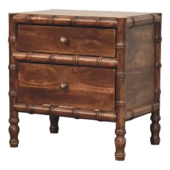 Artisan Furniture Bois massif cadre en bambou table de chevet in amande grillée, 2 tiroirs, marron