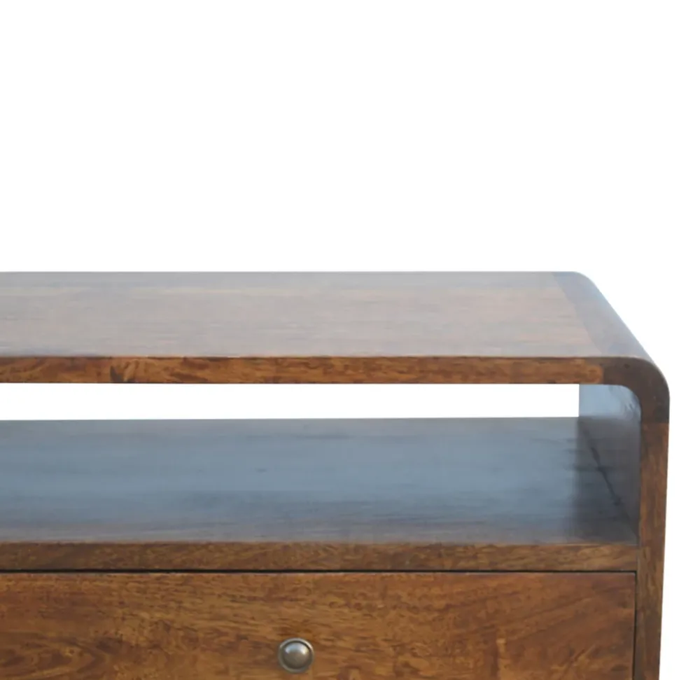 Artisan Furniture Bois massif courbé châtaignier console, 2 tiroirs, 1 niche ouverte, marron foncé