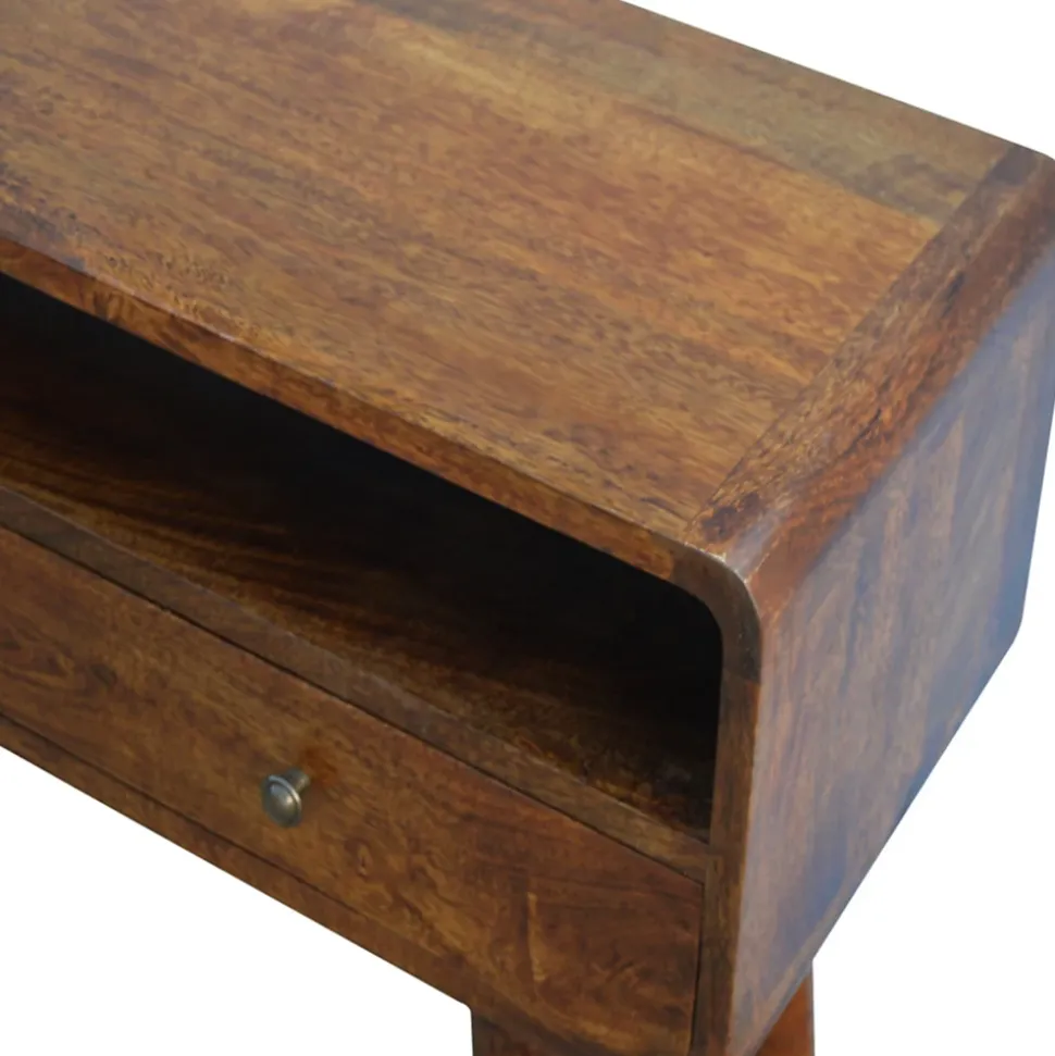 Artisan Furniture Bois massif courbé châtaignier console, 2 tiroirs, 1 niche ouverte, marron foncé